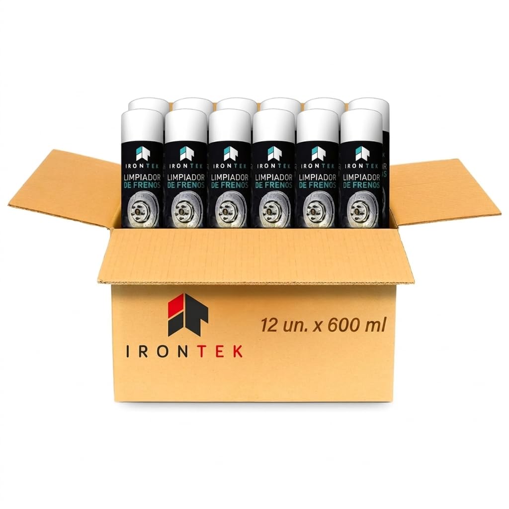Limpiador Frenos Desengrasante - IRONTEK - 600 ml x12 | IT294 | Aerosol Profesional | Jet Potente | Secado Rápido | Elimina Grasa Hollín | Aerosol profesional, potente de secado rápido, elimina grasa hollín polvo, auto motocicleta, fabricado en Francia
