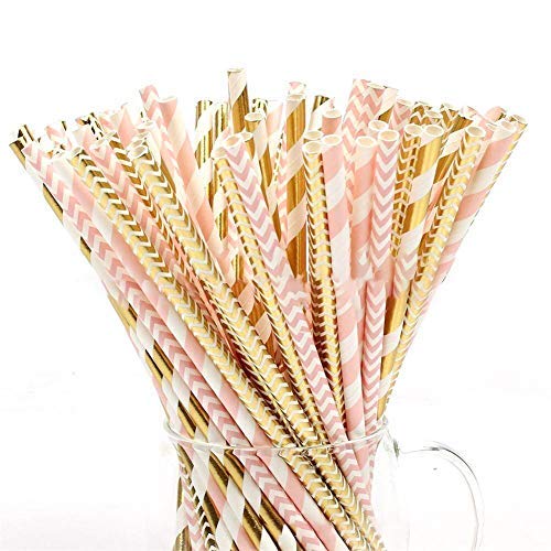 Lot de 100 pailles en papier à boire biodégradable Rose/doré rayé pailles Bulk pour fête d'anniversaire de mariage de Noël Hallowmas Cover