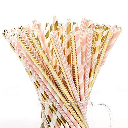 Lot de 100 pailles en papier à boire biodégradable Rose/doré rayé pailles Bulk pour fête d'anniversaire de mariage de Noël Hallowmas