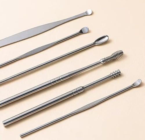 Ear Care Tool Kit, 6 Piece Stainless Steel Earpick Set with Yellow Leather Case, Ear Wax Removal Cleaner Spoon for Baby and Adults