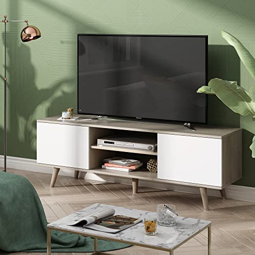 Wlive Tv Stand For 55 60 Inch Tv, Boho Entertainment Center With Storage Cabinets, Tv Console For Living Room Decor, Greige White #TOP1