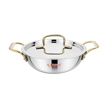 Rudra Kadai Gold/Deep Fry Pan, Triply Stainless Steel with Stainless Steel Lid with Riveted Handles - Silver (Induction and Gas Stove Friendly)(RU9007) (20 cm)