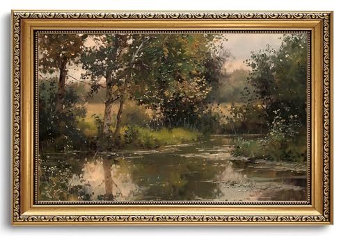 Vintage Gold Framed Lakeside Trees Forest Landscape Wall Art 16x24in by ZTZMYSU - Used condition - US$39.38