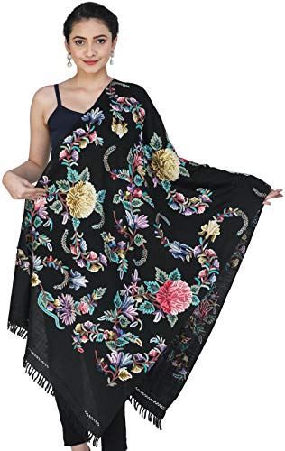 Étole en laine du Cachemire brodée main noir art artisanal indien