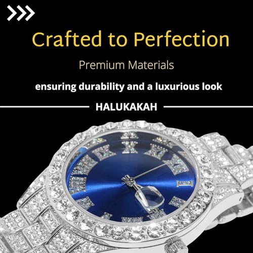 Image of Halukakah Diamonds Gold Watch Iced Out for Boy Teens Kids - 18K Real Gold /Platinum Plated,42mm Blue /Green /Red Dial,Japanese Quartz - 8 inch Length - Optional with Cuban Link Chain,with Watch Adjuster Tool