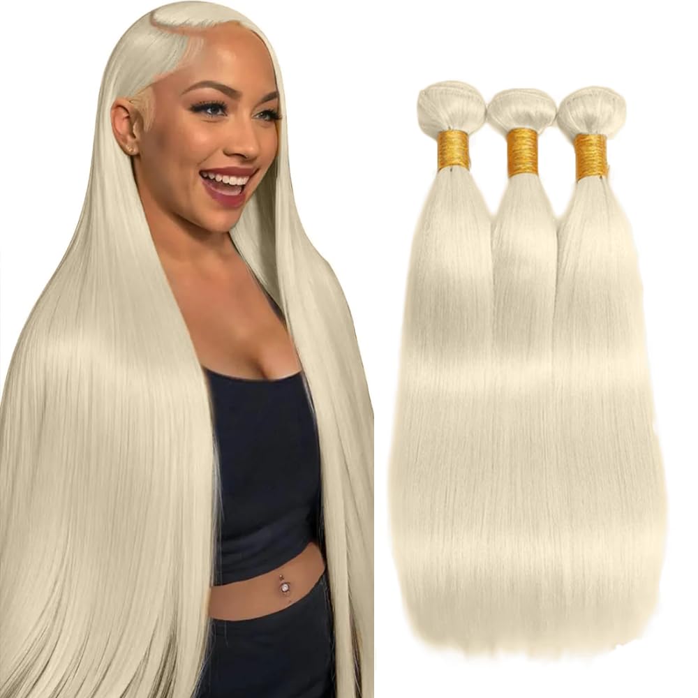 Hxxcoup #88 Platinum Blonde Color Straight Human Hair Bundles Unprocessed Pre Plucked Virgin Human Hair Extensions For Woman 3 Bundles Total 300g 18 20 22 Inch