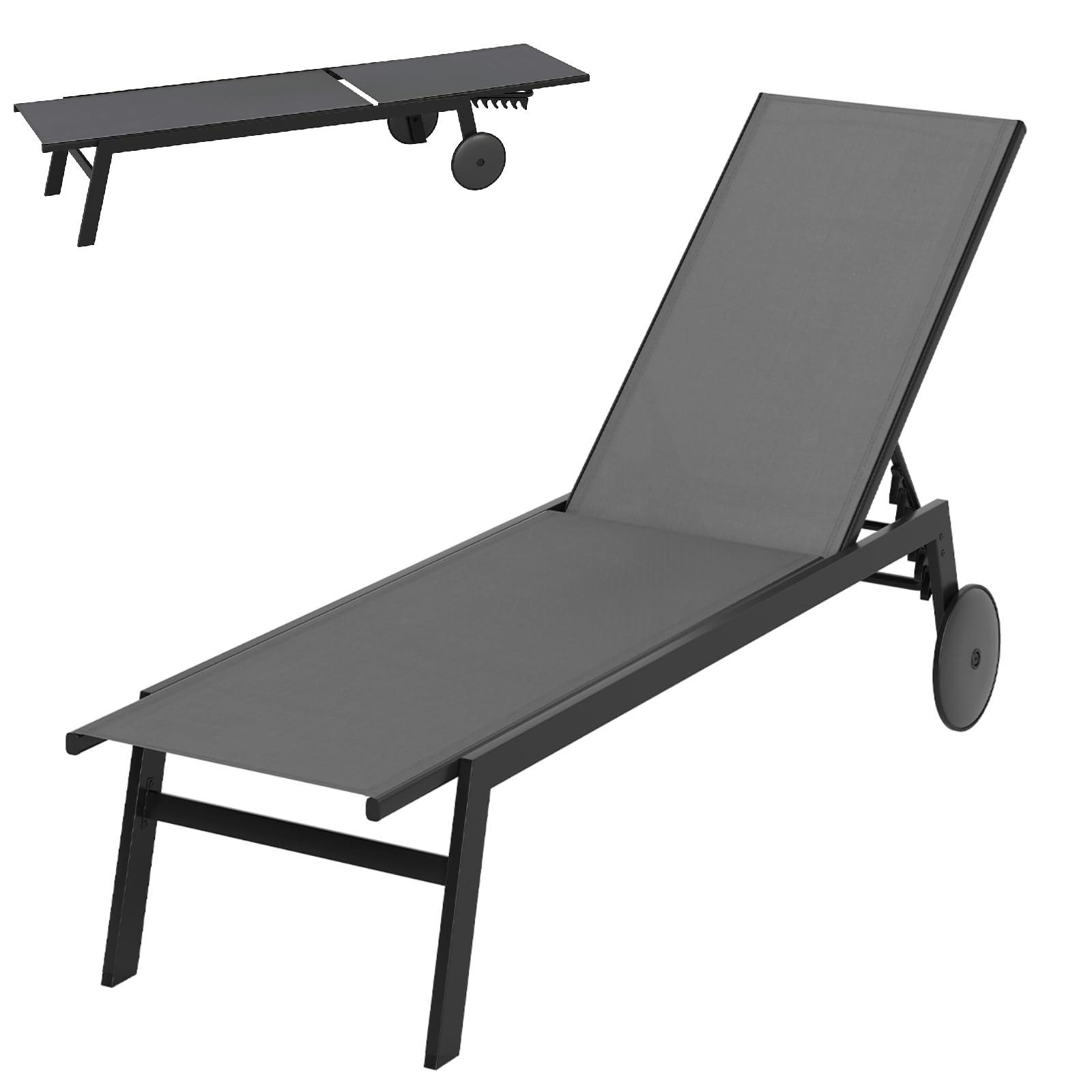 Multigot Outdoor Sun Lounger with Wheels, Set of 1/2 6-Position Adjustable Chaise Lounge Chair Metal Frame Garden Sunbed, Portable Fabric Reclining Chair Deck Chairs for Poolside (Grey, 1PC)