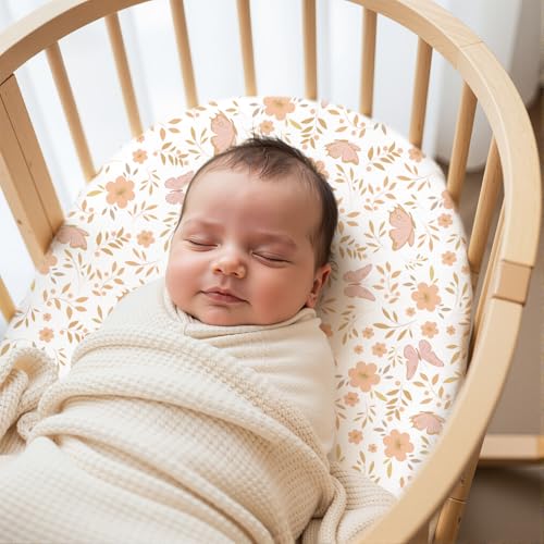 Image of FIOBEE Baby Bassinet Sheets for Girls Boys 2 Pack Waterproof Bassinet Mattress Elastic Fitted Crib Sheets Universal Fit for Hourglass Oval and Rectangle Bassinet Sheet, Pink