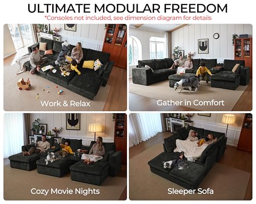 Image of 124.8'' Oversized Modular Sofa Comfy Cloud Couch with Storage Wide L-Shaped Sectional Sofa Set with Chaise for Living Room, Covers Washable, 4-Seater with Ottoman, Chenille, Black
