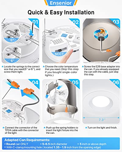Ensenior 6 Pack Led Can Lights Retrofit Recessed Lighting,5/6 Inch Dimmable Downlight, 5000K Daylight, Metal Baffle Trim, 12W=110W, 1100Lm–Fcc, Etl And Energy Star #TOP5