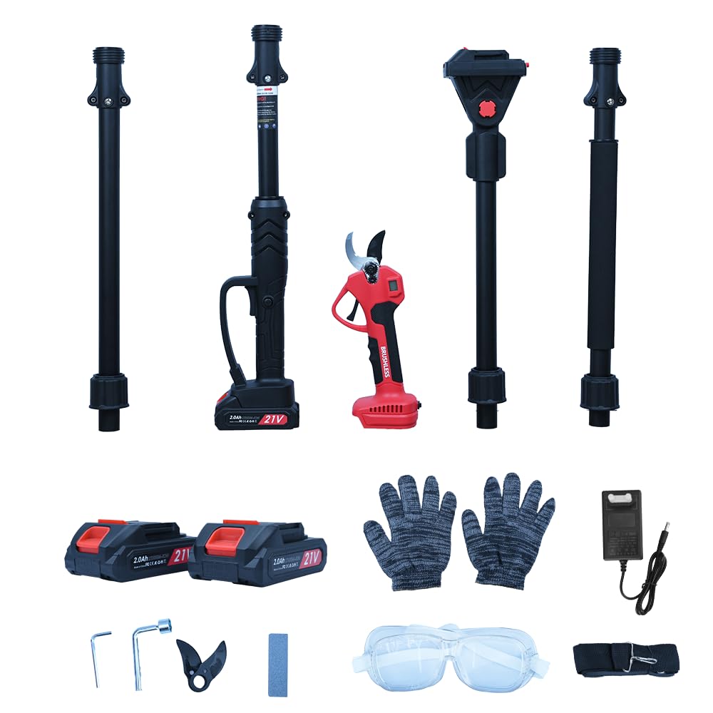 Tijeras de podar telescópicas con batería, 2 en 1 Tijeras de jardín eléctricas con 2 baterías de 2000mAh, pantalla LCD, mango telescópico para poda de árboles cortador de ramas