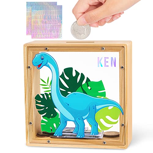 MHJY Tirelire Dinosaur en Bois Naturel et Acrylique pour Enfants, Cadeau Éducatif Personnalisable avec Autocollants, Décoration de Chambre Mignonne