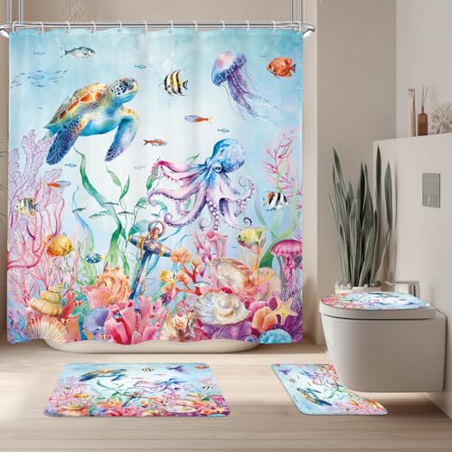Imirell 4 PCS Under The Sea Shower Curtain Set with