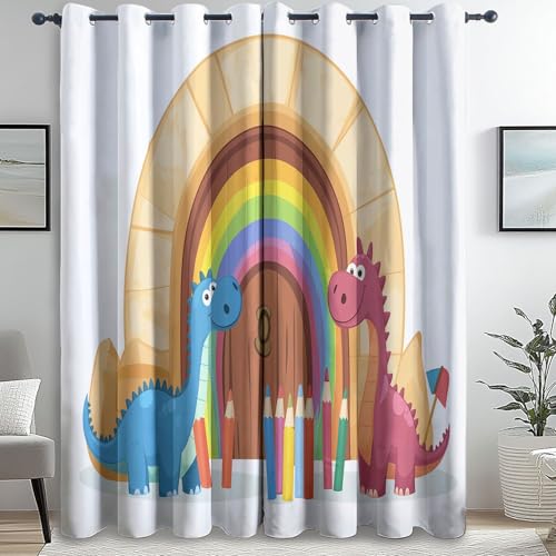 Cortinas Opacas Blanco Decoración de Ventanas Lindo Crayones Dinosaurios Impresas para Dormitorio Sala de Estar guardería habitación Cortina 70An x 145Al cm (2 Paneles) con Ojales