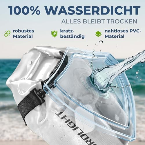 Nordlight Dry Bag 2L Wasserdichter Beutel - (Transparent) Wasserdichter Packsack Mit Roll Top Verschluss Und Schultergurt | Schwimmen, Baden, Strand, Kanu, Stand Up Paddling, Tauchen