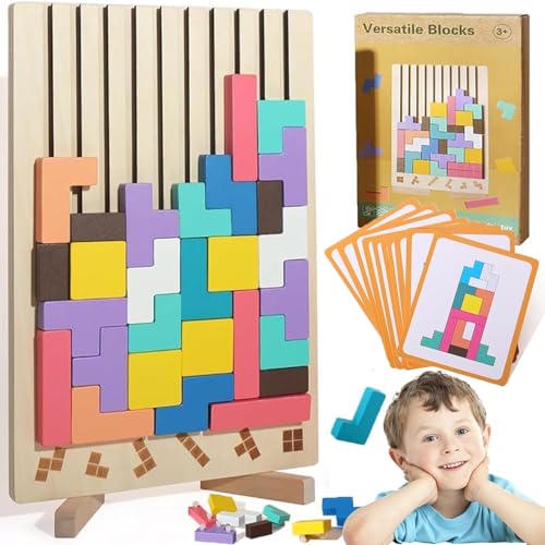 Wooden Stacking Puzzle Toy Tetris Game with 10 Cards 3D Montessori Stacking Blocks Educational Toys for Boys Girls Age 4-8 Interactive Board Game Geometric Builiding Toys for Kids and Adults