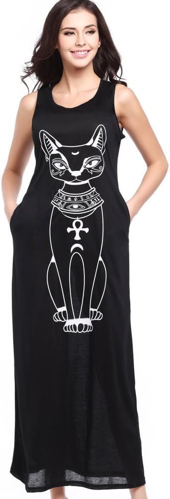 Women Cat Sleeveless Long Maxi Dress Ladies Summer Beach Bohemian Sundress