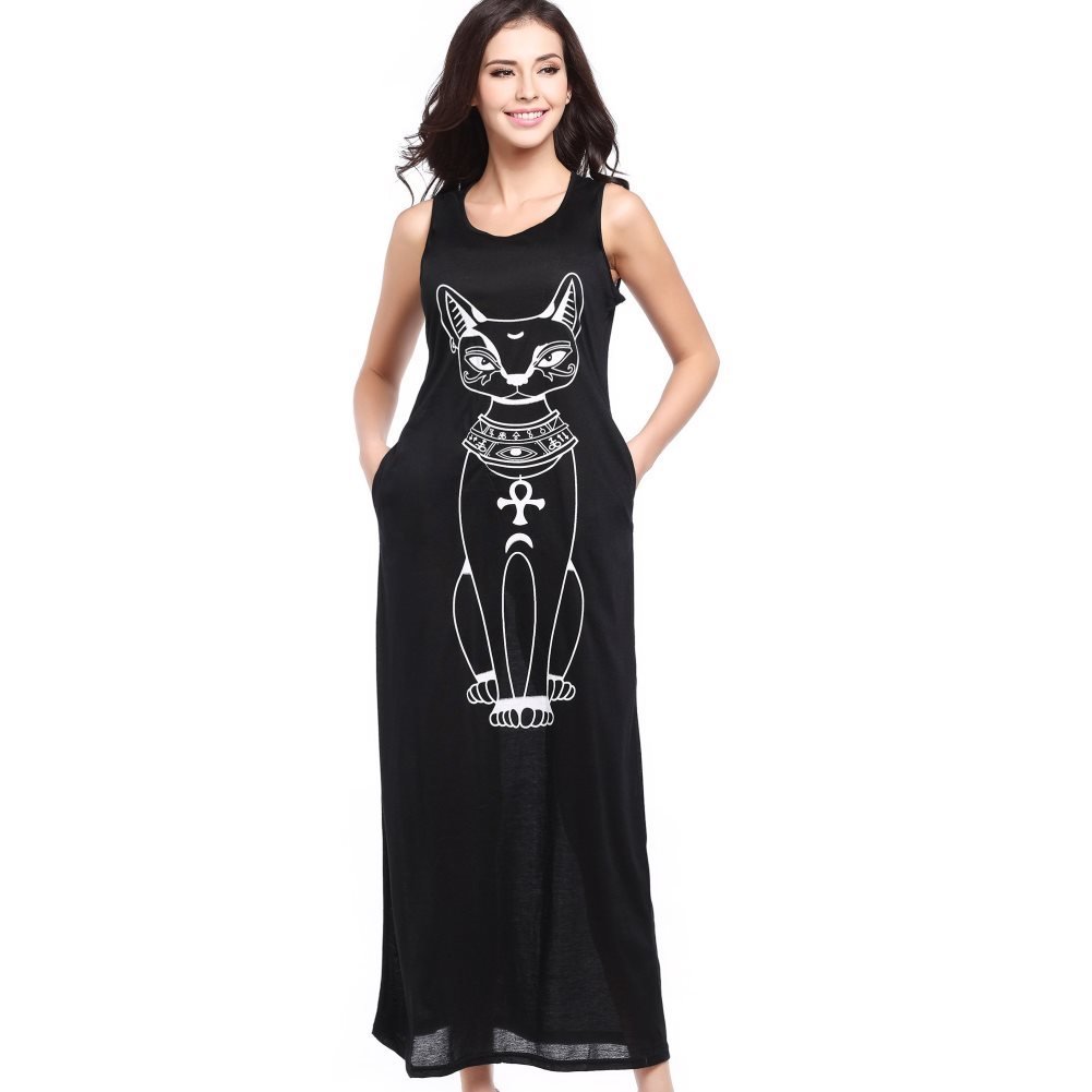 Women Cat Sleeveless Long Maxi Dress Ladies Summer Beach Bohemian Sundress