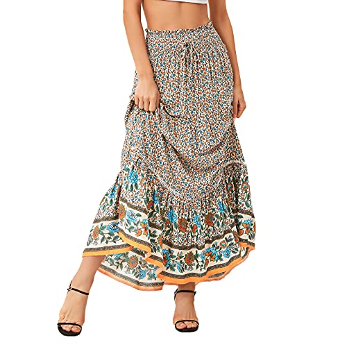 American Trends Womens Boho Skirt For Women Floral A Line Midi Skirt Ruffle High Waist Swing Maxi Dresses Blue Orange Print Xl #TOP4
