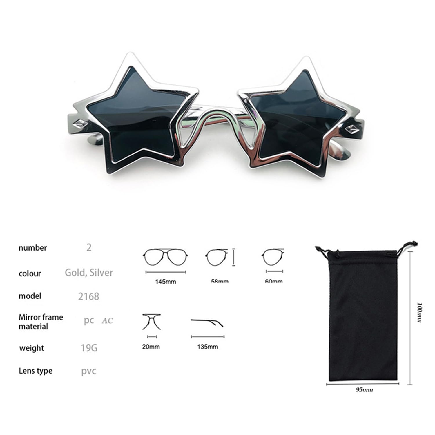 2 gogle w gwiazdki, 2 torby na okulary, okulary przeciwsłoneczne z pentagramem, modne okulary, akcesoria fotograficzne odpowiednie na Halloween, Boże Narodzenie, imprezy tematyczne