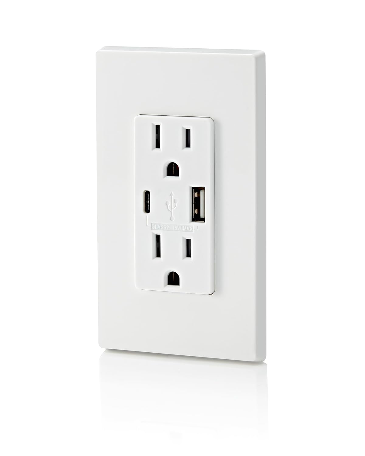 Leviton 18W USB Type-A/C in-Wall Charger with 15A Tamper-Resistant Outlet, USB Charger for Smartphones, Not for Laptops, T5638-W, White
