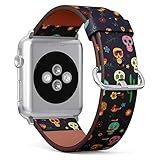 (Mexican Sugar Skull, Cactus and Flower on Wallpaper The Day of The Dead) Patterned Leather Wristband Strap for Apple Watch Series 4/3/2/1 gen,Replacement for iWatch 38mm / 40mm Bands