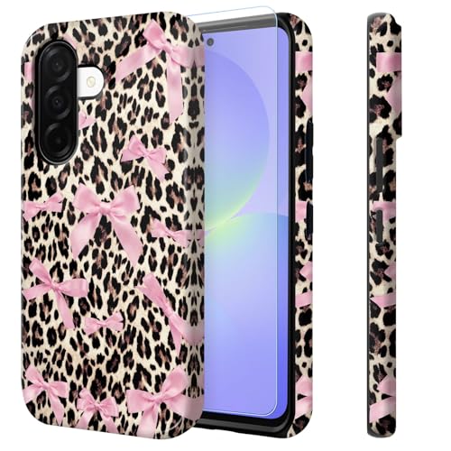 Qindaiwen for Samsung Galaxy A36 Case with Screen Protector, Pink Leopard Bows Printed, Dual Layer Shockproof Protective Cover, Hard PC + Soft TPU Rugged Heavy Duty Slim Case for Women Men