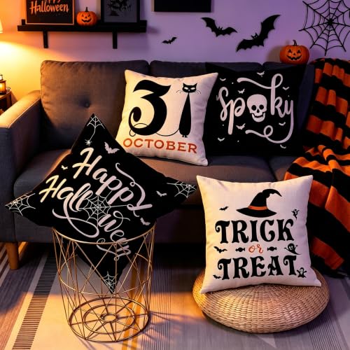 Gujiahone Halloween Pillow Covers 18 x 18 Set of 4 -Linen Print Thanksgiving Sofa Pillow Cover -Happy Halloween Cushion Case for Holiday Party Living Room Bedroom Home Fall Decorative - image 7