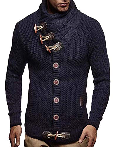 Sexyshine Men's Fall Winter Casual Knitted Turtleneck Cardigan Leather Buckle Button Top Pullover Hoodies Sweater