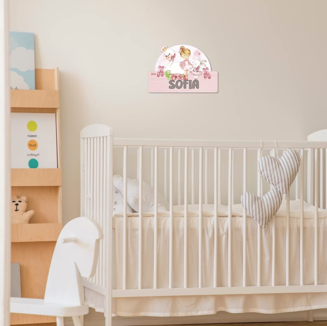 DEKORI Targhetta personalizzabile con nome per la porta, decorazione da parete in legno, sfiziosa idea regalo battesimo Comunione compleanno (Ballerina)