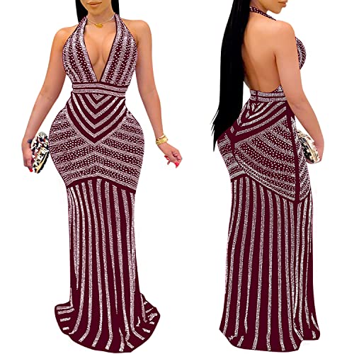 Image of PORRCEY Women's Sexy Deep V Neck Backless Rhinestone Dresses Sexy Long Mermaid Evening Dress(3816,Wine Red,XL)