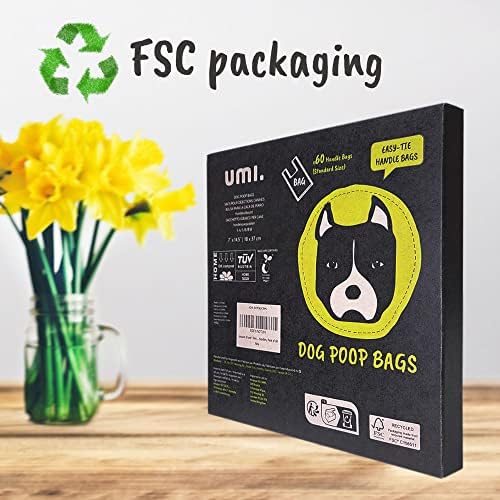 Amazon Brand - Umi Dog Poo Bags with tie Handles, Biodegradable Dog Poop Bags, Certified Compostable, Extra Thick and Leak-Proof, Unscented, 18 x 37 cm, 60 bags