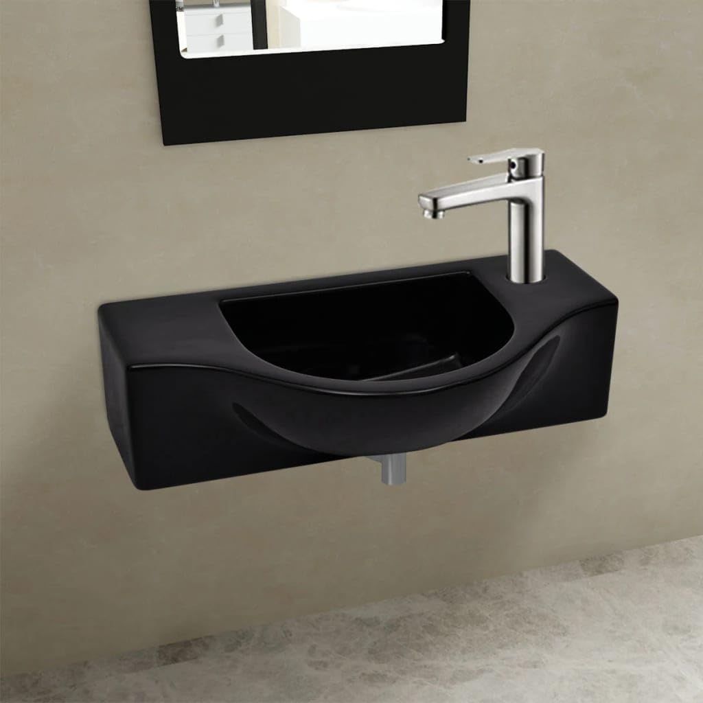 vidaXL Lavabo de Baño con Agujero para Grifo Cerámica Negro Lavamanos de Aseo
