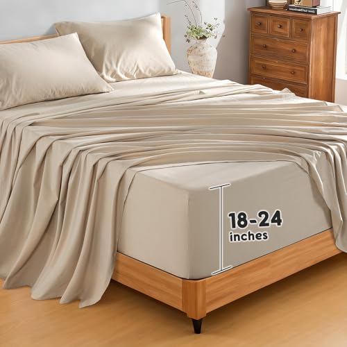SONORO KATE 100% French Pure Linen Sheets, Extra Deep Pocket up to 18"-24", Breathable and Durable Linen Sheets, Anti-Tear Linen Bed Sheets, Machine Washable - 4 Piece (Natural Linen, Queen(24"deep))