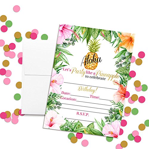 Tropical Flowers Pineapple Aloha Luau Party Invitations, 20 5"X7" Fill In Cards With Twenty White Envelopes By Amandacreation #TOP2