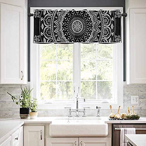 Boho Mandala Valance Curtain For Kitchen Windows,Black White Flower Rod Pocket Valances,Short Curtains Classic Hippie Privacy Panel,Bohemian Window Treatment For Bathroom Kitchen Bedroom 54X18In #TOP1