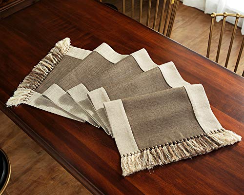15 X 72 Inch Farmhouse Style Linen Table Runner With Handmade Tassel, Rustic Wide Patchwork Table Runners 72 Inches Long For Dining Room, Dresser Decor - Brown #TOP3