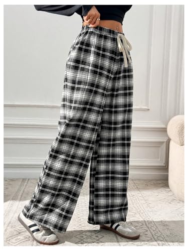 SHENHE Women's Plaid High Drawstring Waist Pants Wide Leg Loose Casual Long Pants3