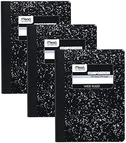 Mead Composition Notebook, Wide Ruled Paper, 9-3/4" x 7-1/2", 100 Sheets per Notebook, Black Marble (38301), Pack of 3