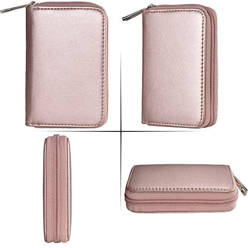 Image of Easyoulife Genuine Leather Credit Card Holder Zipper Wallet with 26 Card Slots (Rose Gold)