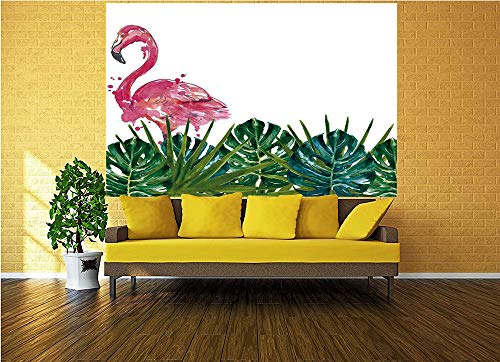 77X55 Inches Wall Mural,Exotic Nature Botanical Artwork With Leaves And Flamingo Watercolors Artwork Peel And Stick Self-Adhesive Wallpaper Removable Large Wall Sticker Wall Decor For Home Office #TOP1