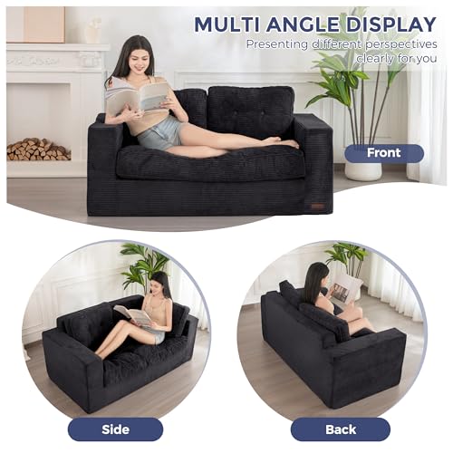 MAXYOYO Bean Bag Chair for Adults, Upholstered Floor Sofa with Armrests, Loveseat Boneless Couch with Tufted Cushion & Backrest, Sofa in A Box, Large Bean Bag Couch for Bedroom Living Room, Black