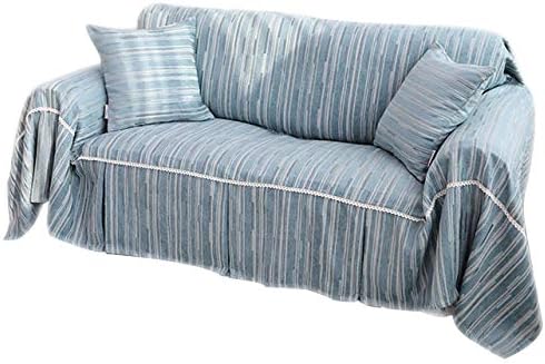 Zone Striped Sofa Cover Slipcover, Polyester Anti-Slip Mediterranean Style Decorative Couch Cover Furniture Protector for Sectional Couch -Blue 360x180cm(142x71inch)