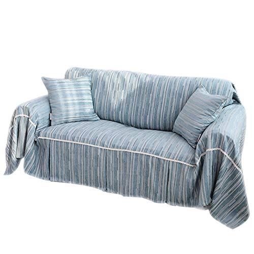 Zone Striped Sofa Cover Slipcover, Polyester Anti-Slip Mediterranean Style Decorative Couch Cover Furniture Protector For Sectional Couch -Blue 360X180Cm(142X71Inch) #TOP21