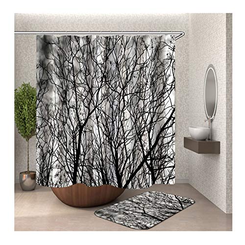 Polyester Duschvorhang & Badteppich Set Wald Bad Vorhang Badvorleger 150x200CM mit 12 Duschvorhangringen