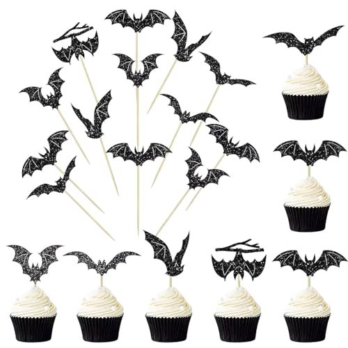 Decoración para cupcakes de murciélago de Halloween, 24 unidades, color negro, con purpurina, decoración para Halloween, fiesta de cumpleaños, suministros para tartas
