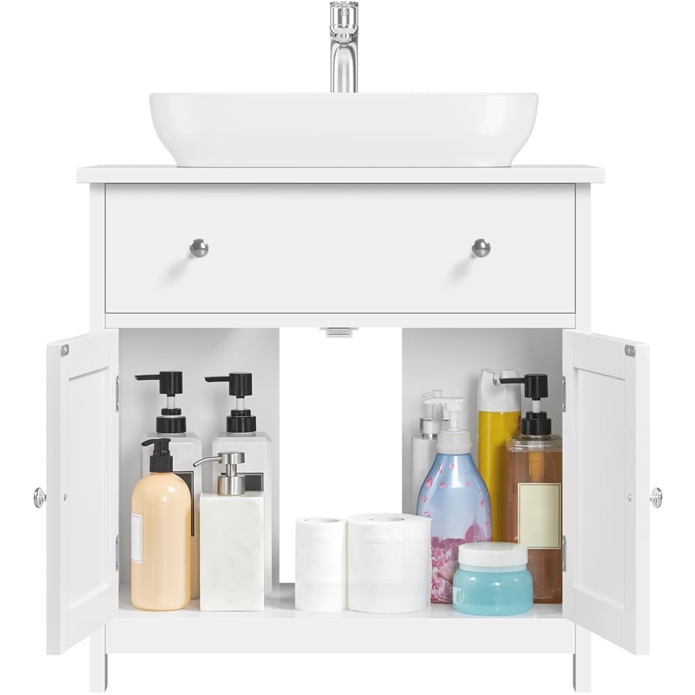 Yaheetech Mueble bajo del Lavabo de Madera Armario de Baño de Suelo | con Pies 1 Cajón y 2 Puertas Correderas 60x30x60 cm Blanco