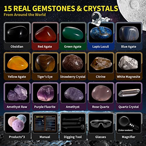 Gemstones Dig Kit, Solar System Science Kit For Kids, Excavate 15 Real Gems, Stem Educational Space Toys Moon Planet Collection Kit, Archaeology Geology Science Projects Gift For Boys & Girls Age 6+ #TOP2