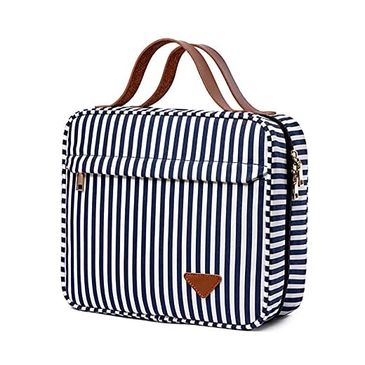 Bolsa de Aseo de Viaje para Colgar, Gran Capacidad, Organizador de artículos de Aseo para Mujeres, con 4 Compartimentos y 1 Gancho Resistente, Viajes, Uso Diario (Blue Stripe)
