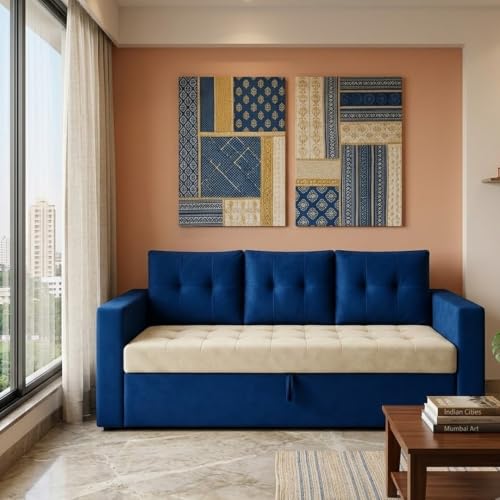 Image of FURNY Tressa 3 Seater Fabric Pull-Out Sofa Cum Bed Function (Dark Blue-Cream) | Luxury Velvet Suede Finish | Durable Comfort Sofa Bed for Modern Living Room & Office Spaces